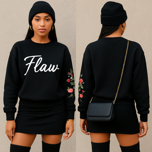 Black Sweater shirt with Flaw in cursive on it in white with pretty flowers on one sleeve short skirt thigh high boots gold chain corn rows black crossbody purse gold chain with skirt gold earrings and bracelet leg gold rings black beanie 