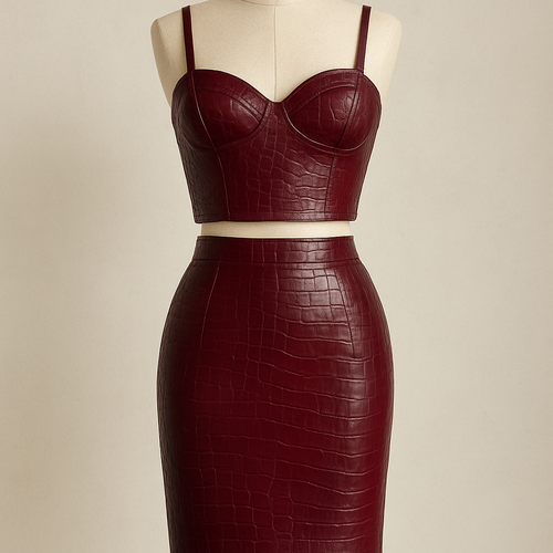 Leather crocodile print crop corset in the colour wine with matching skirt