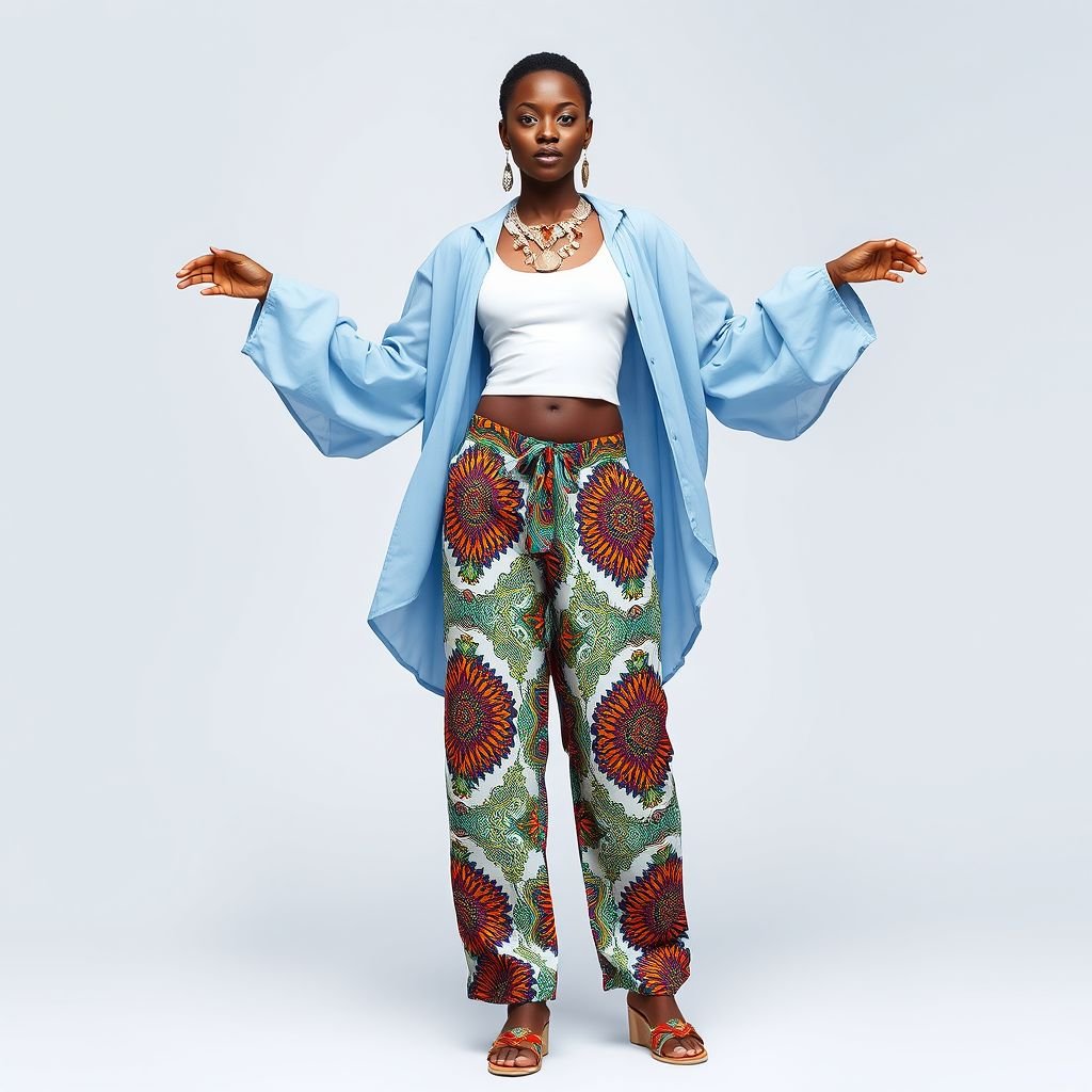 Imagine a light skin African top model wearing a long sleeved light blue chiffon shirt with extra long sleeves covering her hands ,shirt opened to reveal white cropped singled and low waisted very big baggy barrel pants cuffed at the ankle in multi colored Adire material
Imagine a light-skinned African top model exuding elegance in a flowing, light blue chiffon shirt with billowy extra-long sleeves cascading gracefully over her hands. The shirt opens to reveal a crisp white cropped tank paired with oversized, low-waisted barrel pants adorned in vibrant, multi-colored Adire patterns, celebrating African artistry and cultural heritage. Enhance with chunky handmade jewelry and intricate beaded sandals for a stunning, contemporary twist on traditional fashion.