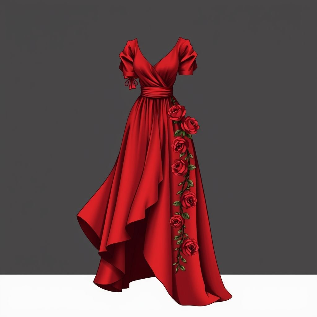 A gown with a sash around the arm,midi length,red,and a long rope surrounding the gown,with red roses hanging on each rope
Design a vintage-inspired midi gown crafted from rich crimson silk, featuring a delicate sash elegantly wrapped around the arm. Highlight the classic silhouette with a flowing skirt, while intricate long ropes entwine the gown, adorned with lush red roses cascading gracefully. This piece merges timeless romance with a retro charm, perfect for a nostalgic soirée.
