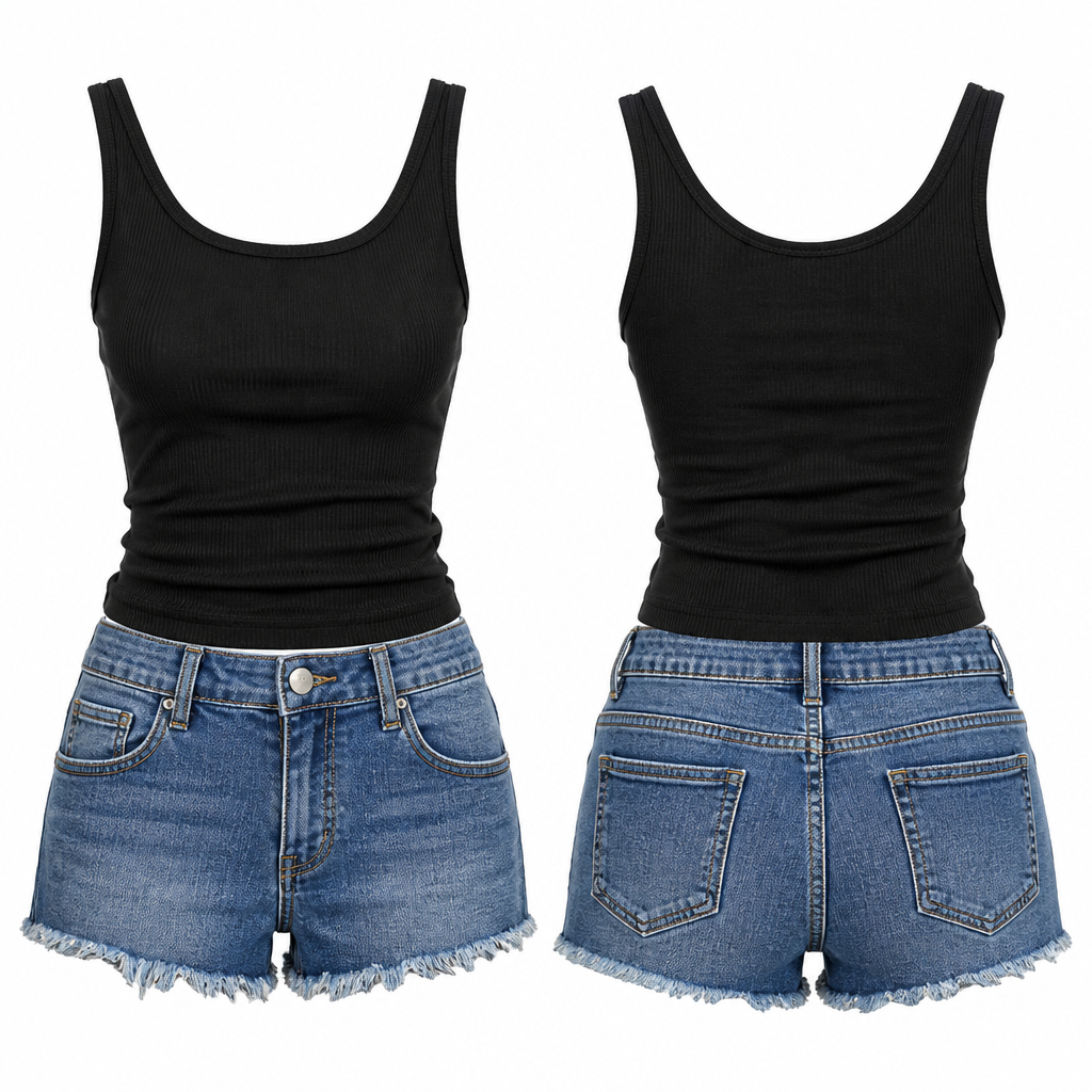 DenimShorts and a black tank top
photorealistic fashion design, DenimShorts and a black tank top, just the design no text, show front and back