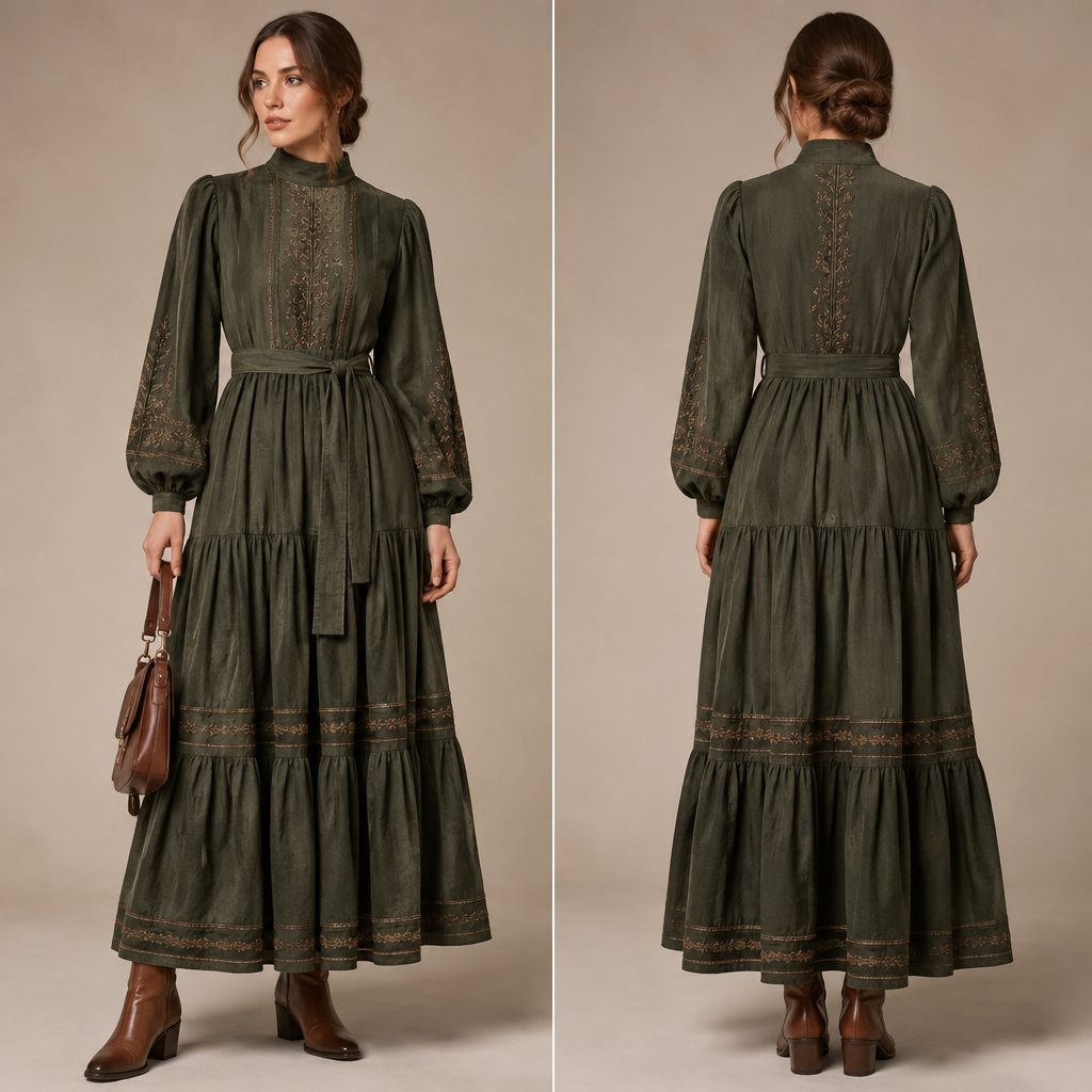 A Female Dress design, with modest, full coverage: longer hemlines, higher necklines and covered shoulders, suitable for Fall. HT fashion aesthetics. Current season is Autumn in HT. Present it as professional fashion catalogue photography: the garment is the subject, shown full-length with editorial styling, neutral posing and tasteful, non-suggestive framing.
photorealistic fashion design, A Female Dress design, with modest, full coverage: longer hemlines, higher necklines and covered shoulders, suitable for Fall. HT fashion aesthetics. Current season is Autumn in HT. Present it as professional fashion catalogue photography: the garment is the subject, shown full-length with editorial styling, neutral posing and tasteful, non-suggestive framing., just the design no text, show front and back