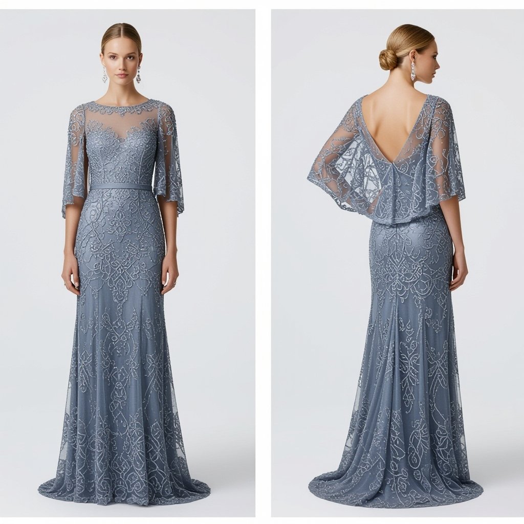 A straight gown made with beaded fabric and some side drapes by the waist to hip with fabric dangling a hip length cape made with beaded fabric at the back hanging on both shoulders looking crappy
Lace fashion: A straight gown of beaded fabric, with side drapes from waist to hip. A hip-length cape of beaded lace dangles from both shoulders.