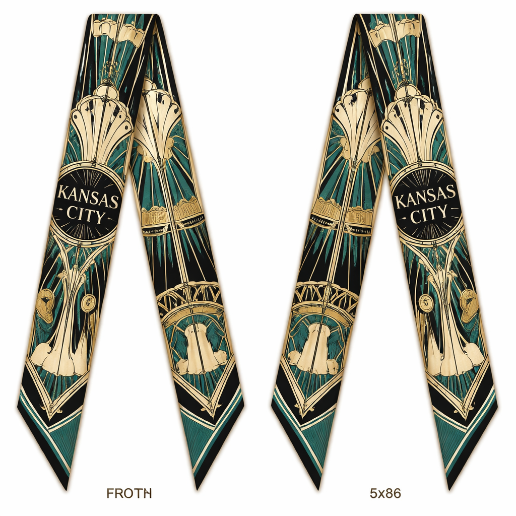 Design a silk scarf that is 5x86cm to be wrapped around the top handle of a bag. It’s needs to have an art deco vibe to it which is a nod to Kansas City, MO
Design a silk scarf that is 5x86cm to be wrapped around the top handle of a bag. It’s needs to have an art deco vibe to it which is a nod to Kansas City, MO, classic style, show front and back