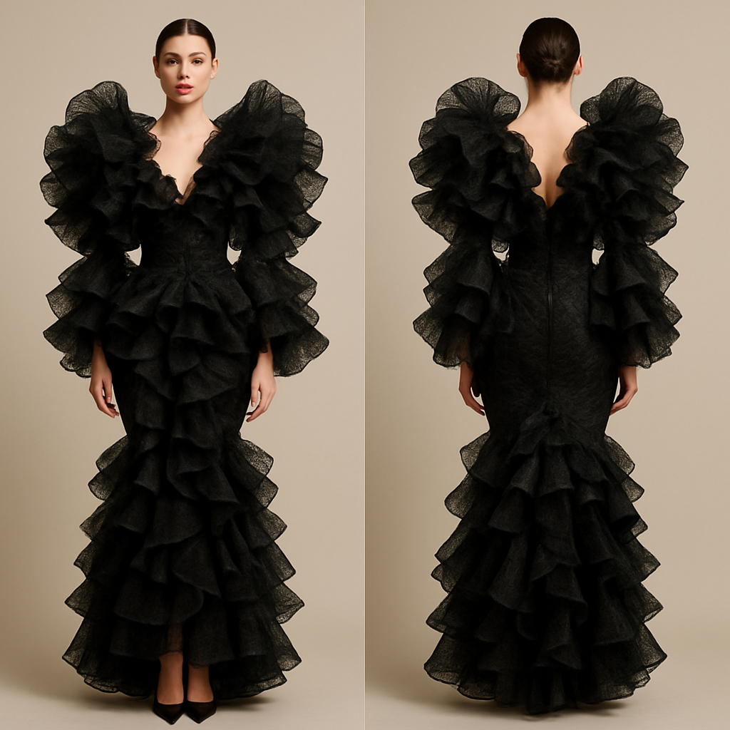 Make a niche Haute couture look for a women make the look so versatile that an over the top person could wear this look to dinner for instance

Make a niche Haute couture look for a women make the look so versatile that an over the top person could wear this look to dinner for instance, haute_couture style, show front and back