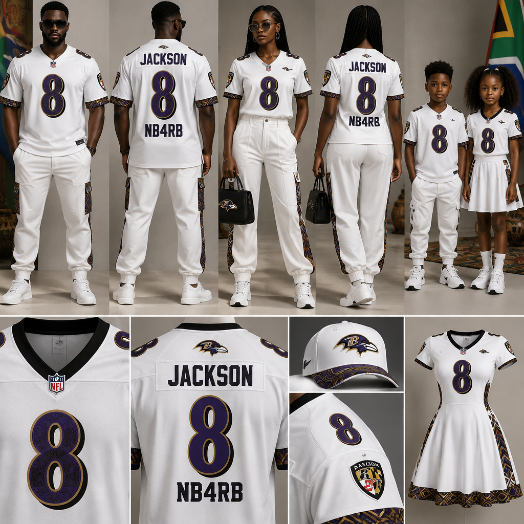 Design tbe American football team Baltimore Ravens jersey no 8 back and front and on top at the back it should have the name JACKSON and at the bottom it should be written NB4RB this should be for males ,females and kids as well as unisex design using the white styled jersey and dress. South Africa fashion aesthetics. Present it as professional fashion catalogue photography: the garment is the subject, shown full-length with editorial styling, neutral posing and tasteful, non-suggestive framing.
photorealistic fashion design, Design tbe American football team Baltimore Ravens jersey no 8 back and front and on top at the back it should have the name JACKSON and at the bottom it should be written NB4RB this should be for males ,females and kids as well as unisex design using the white styled jersey and dress. South Africa fashion aesthetics. Present it as professional fashion catalogue photography: the garment is the subject, shown full-length with editorial styling, neutral posing and tasteful, non-suggestive framing., just the design no text