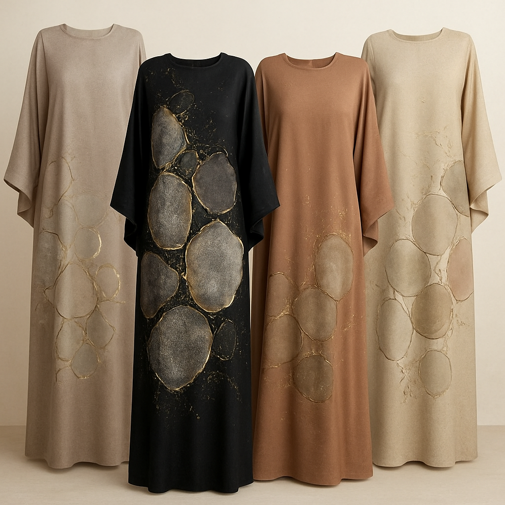 Create a modest boubou, the first of its kind, featuring a unique stone design that exudes a classy and sophisticated vibe. I'd like four designs, each showcasing different styles and fabrics. Incorporate high-end, unique chic stone designs to make them truly special. Add little sophisticated stone designs.

Create a modest boubou, the first of its kind, featuring a unique stone design that exudes a classy and sophisticated vibe. I'd like four designs, each showcasing different styles and fabrics. Incorporate high-end, unique chic stone designs to make them truly special. Add little sophisticated stone designs.