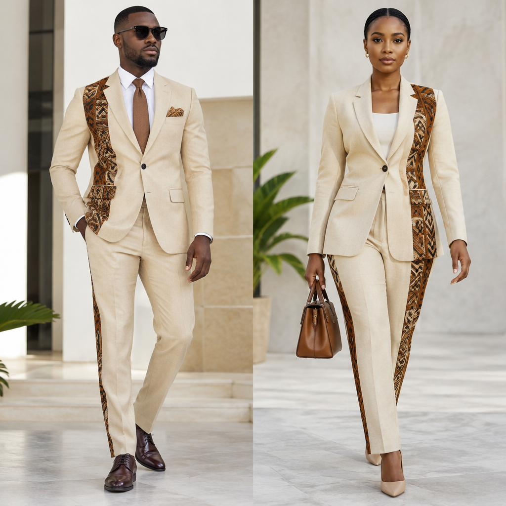 A Unisex Dress design, suitable for Summer, in Business style. A suit is a set of matching clothes, usually consisting of a jacket and trousers or a skirt, made from the same fabric. It is commonly worn for formal occasions, business meetings, church events, weddings, and special ceremonies.
Parts of a suit
Jacket (blazer): The upper garment, usually with buttons, lapels, and pockets.
Trousers: Matching pants worn with the jacket.
Shirt or blouse: Worn underneath the jacket.
Tie or necktie: An optional accessory, especially for men's formal suits.
Shoes: Formal shoes or heels that complement the outfit.
Accessories: A wristwatch, belt, handbag, brooch, or pocket square.
Types of suits
Classic suit: Simple, formal, and timeless.
Slim-fit suit: Tailored closer to the body.
Double-breasted suit: Has two parallel rows of buttons.
Tuxedo: A formal suit often worn for special evening events.. Nigeria fashion aesthetics. Present it as professional fashion catalogue photography: the garment is the subject, shown full-length with editorial styling, neutral posing and tasteful, non-suggestive framing.
photorealistic fashion design, A Unisex Dress design, suitable for Summer, in Business style. A suit is a set of matching clothes, usually consisting of a jacket and trousers or a skirt, made from the same fabric. It is commonly worn for formal occasions, business meetings, church events, weddings, and special ceremonies.
Parts of a suit
Jacket (blazer): The upper garment, usually with buttons, lapels, and pockets.
Trousers: Matching pants worn with the jacket.
Shirt or blouse: Worn underneath the jacket.
Tie or necktie: An optional accessory, especially for men's formal suits.
Shoes: Formal shoes or heels that complement the outfit.
Accessories: A wristwatch, belt, handbag, brooch, or pocket square.
Types of suits
Classic suit: Simple, formal, and timeless.
Slim-fit suit: Tailored closer to the body.
Double-breasted suit: Has two parallel rows of buttons.
Tuxedo: A formal suit often worn for special evening events.. Nigeria fashion aesthetics. Present it as professional fashion catalogue photography: the garment is the subject, shown full-length with editorial styling, neutral posing and tasteful, non-suggestive framing., business style, just the design no text