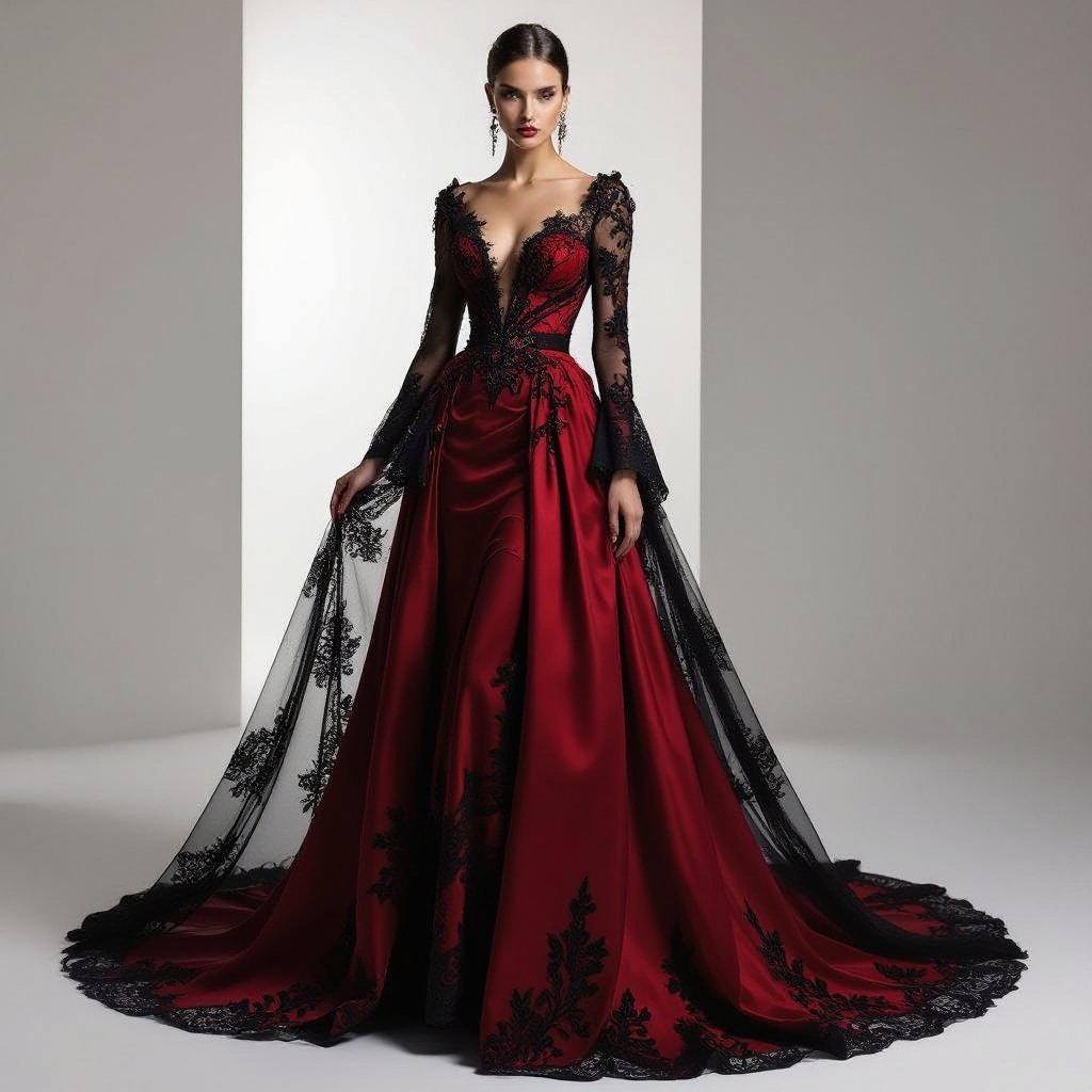 Vestido con corte elegante color vino rojo oscuro y con un vuelo de la cadera a la punta del pies donde termina el vestido que el vuelo sea negro y que sobre el vestido haya un encaje negro
Gothic fashion: Elegant dark red gown, with a flowing black train from hip to floor. Black lace overlays the dress.