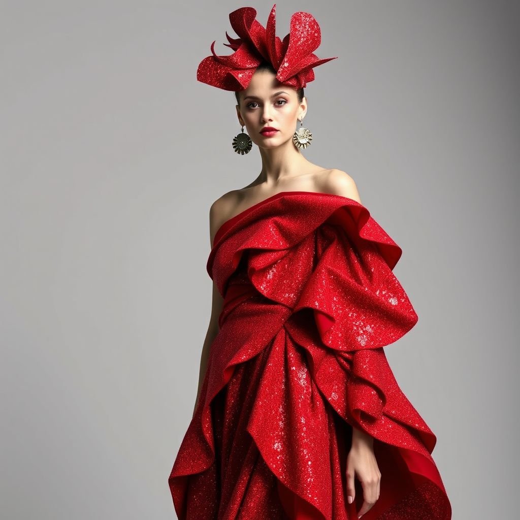 All red gliter small amount of fabric
Design an avant-garde ensemble featuring dramatic draping of shimmering all-red glitter fabric. This artsy creation should play with asymmetrical silhouettes, incorporating unexpected cutouts and layers that cascade like waves. Accessorize with abstract, oversized earrings and a sculptural headpiece, embodying a vibrant, experimental spirit that blurs the lines between fashion and art.