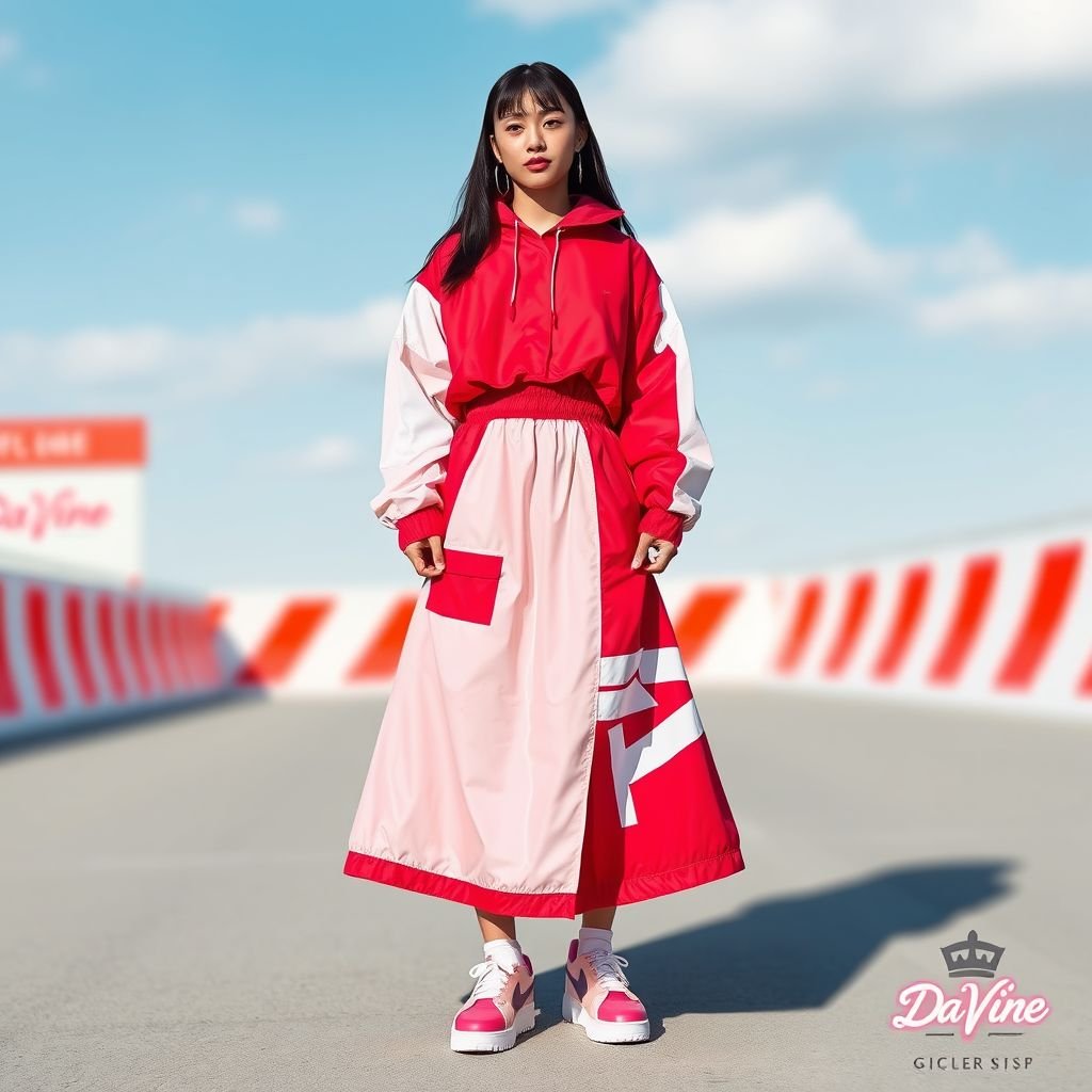 Streetrush women’s Street Sporty Academy Style, Street Hip-Hop Oversized midi skirt. These baby pink And red Color-Block Design, windbreaker material skirt. Feature Multiple Stripes, white and baby pink Paneling Design, And Front And Back Pattern Designs, Along With A Creative Double Waistband. They Are Suitable For All-Season Wear, Embody Street Rock Aesthetics, And Are Perfect For Music Festivals And Everyday Outfits. This Style Reflects Y2K Streetwear , Women’s Two-Tone Outdoor Sports , Chicago Jersey , Streetwear , Streetwear skirt. Put “DV” somewhere on it. Create me a logo for my brand “Da’Vine” and put it up there also
Design a dynamic women’s oversized midi skirt inspired by the Streetrush style, merging sporty academy vibes with hip-hop flair. This eye-catching piece features a baby pink and red color-block design in breathable windbreaker material, adorned with bold white and pink stripes, unique front and back patterns, and a creative double waistband. Embodying Y2K streetwear aesthetics, it’s perfect for music festivals, weekends, or everyday city life. Integrate the “DV” logo and a stylish “Da’Vine” brand emblem, enhancing its identity as a must-have for the urban trendsetter.