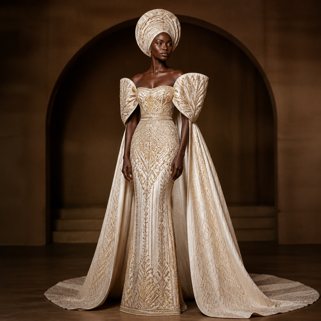 an exquisite world winning dress. Nigeria fashion aesthetics. Present it as professional fashion catalogue photography: the garment is the subject, shown full-length with editorial styling, neutral posing and tasteful, non-suggestive framing.
photorealistic fashion design, an exquisite world winning dress. Nigeria fashion aesthetics. Present it as professional fashion catalogue photography: the garment is the subject, shown full-length with editorial styling, neutral posing and tasteful, non-suggestive framing., just the design no text