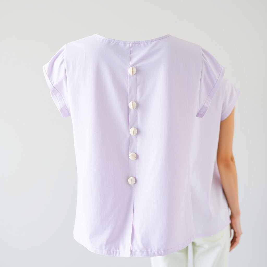Summer top made from stretchy organic cotton, capped sleeves, fitted, solid lavender, shell buttons down the middle of the back, show front and back
Design a minimalist summer top crafted from soft, stretchy organic cotton in a calming solid lavender hue. Embrace simplicity with capped sleeves and a tailored, fitted silhouette. Highlight the subtle detail of shell buttons running down the middle of the back, presenting a refined aesthetic that beautifully showcases both front and back views.