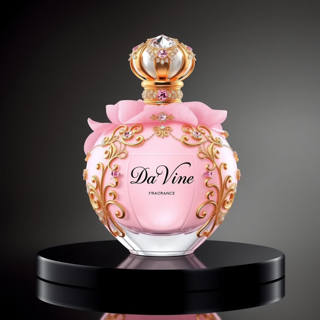 Pink perfume with the name “Da’Vine” on it. With DV on it. Shape the bottle as a flower
Design an exquisite luxury fragrance bottle named "Da’Vine," featuring intricate floral details. The bottle should be shaped like a blooming peony, crafted in opalescent pink glass, exuding elegance. Embellish it with gold accents and the initials "DV" in an ornate script. The cap should mimic a jeweled flower bud, radiating sophistication.