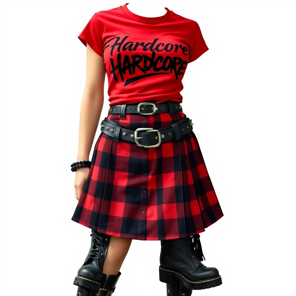 red and black plaid skirt, belt with studs, red T-shirt with the word hardcore, Martin boots
Design a punk ensemble featuring a high-waisted red and black plaid skirt layered with a distressed leather belt adorned with spikes. Pair with a fitted red T-shirt emblazoned with “Hardcore” in bold, graffiti-style lettering. Complete the look with iconic black combat boots, showcasing worn leather and silver accents for an edgy vibe.