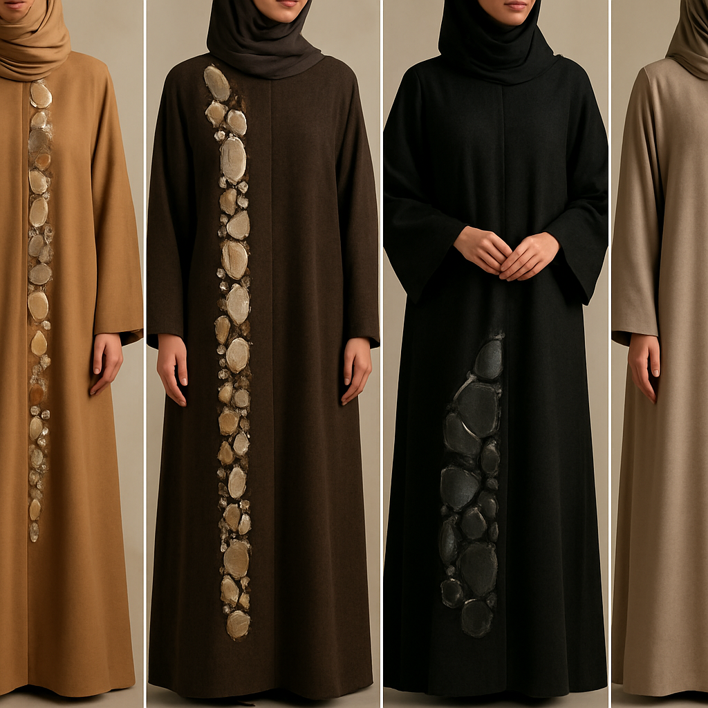 Create a modest abaya that's the first of its kind, featuring a unique stone design that exudes a classy and sophisticated vibe. I'd like four designs, each showcasing different styles and fabrics.
Incorporate high-end, unique chic stone designs to make them truly special. Add a little sophisticated stone work to it.
Create a modest abaya that's the first of its kind, featuring a unique stone design that exudes a classy and sophisticated vibe. I'd like four designs, each showcasing different styles and fabrics.
Incorporate high-end, unique chic stone designs to make them truly special. Add a little sophisticated stone work to it.