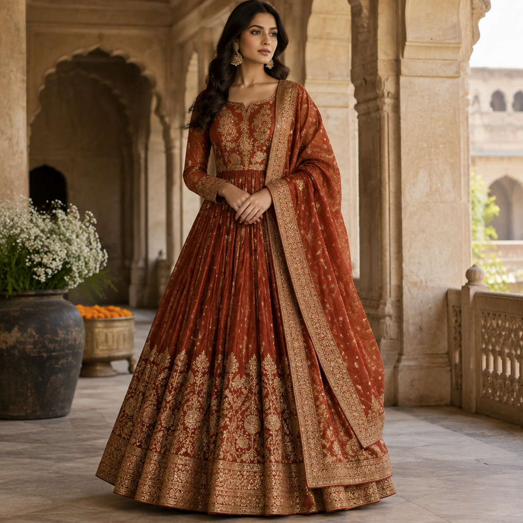 A Female Dress design, suitable for Fall. Consider Indian fashion aesthetics — consider saree, lehenga, salwar kameez, kurti, anarkali; local fabrics like chanderi, banarasi, chikankari, block prints; vibrant colors and rich embroidery. Current season is Autumn in India. Present it as professional fashion catalogue photography: the garment is the subject, shown full-length with editorial styling, neutral posing and tasteful, non-suggestive framing.
photorealistic fashion design, A Female Dress design, suitable for Fall. Consider Indian fashion aesthetics — consider saree, lehenga, salwar kameez, kurti, anarkali; local fabrics like chanderi, banarasi, chikankari, block prints; vibrant colors and rich embroidery. Current season is Autumn in India. Present it as professional fashion catalogue photography: the garment is the subject, shown full-length with editorial styling, neutral posing and tasteful, non-suggestive framing., just the design no text
