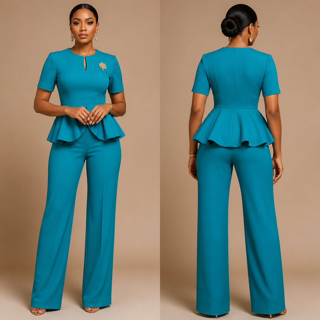 A Female Pants design, suitable for Summer, in Formal style. a peplum cyan pant suit. Nigeria fashion aesthetics.
photorealistic fashion design, A Female Pants design, suitable for Summer, in Formal style. a peplum cyan pant suit. Nigeria fashion aesthetics., formal style, just the design no text