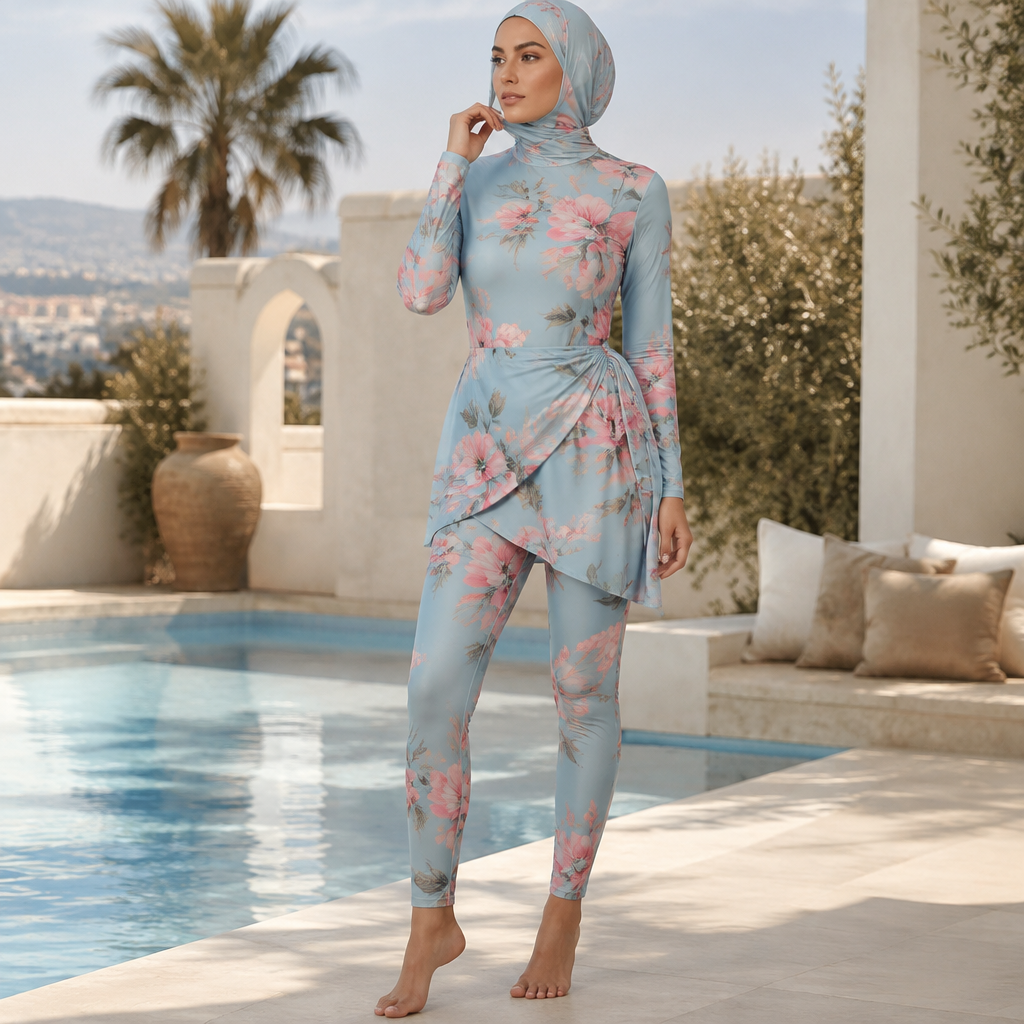 A Female Swimwear design, suitable for Fall. نمط قماش يكون ناعم ولون أزرق فاتح عليه ورد وردي. Algeria fashion aesthetics. Present it as professional fashion catalogue photography: the garment is the subject, shown full-length with editorial styling, neutral posing and tasteful, non-suggestive framing.
photorealistic fashion design, A Female Swimwear design, suitable for Fall. نمط قماش يكون ناعم ولون أزرق فاتح عليه ورد وردي. Algeria fashion aesthetics. Present it as professional fashion catalogue photography: the garment is the subject, shown full-length with editorial styling, neutral posing and tasteful, non-suggestive framing., just the design no text