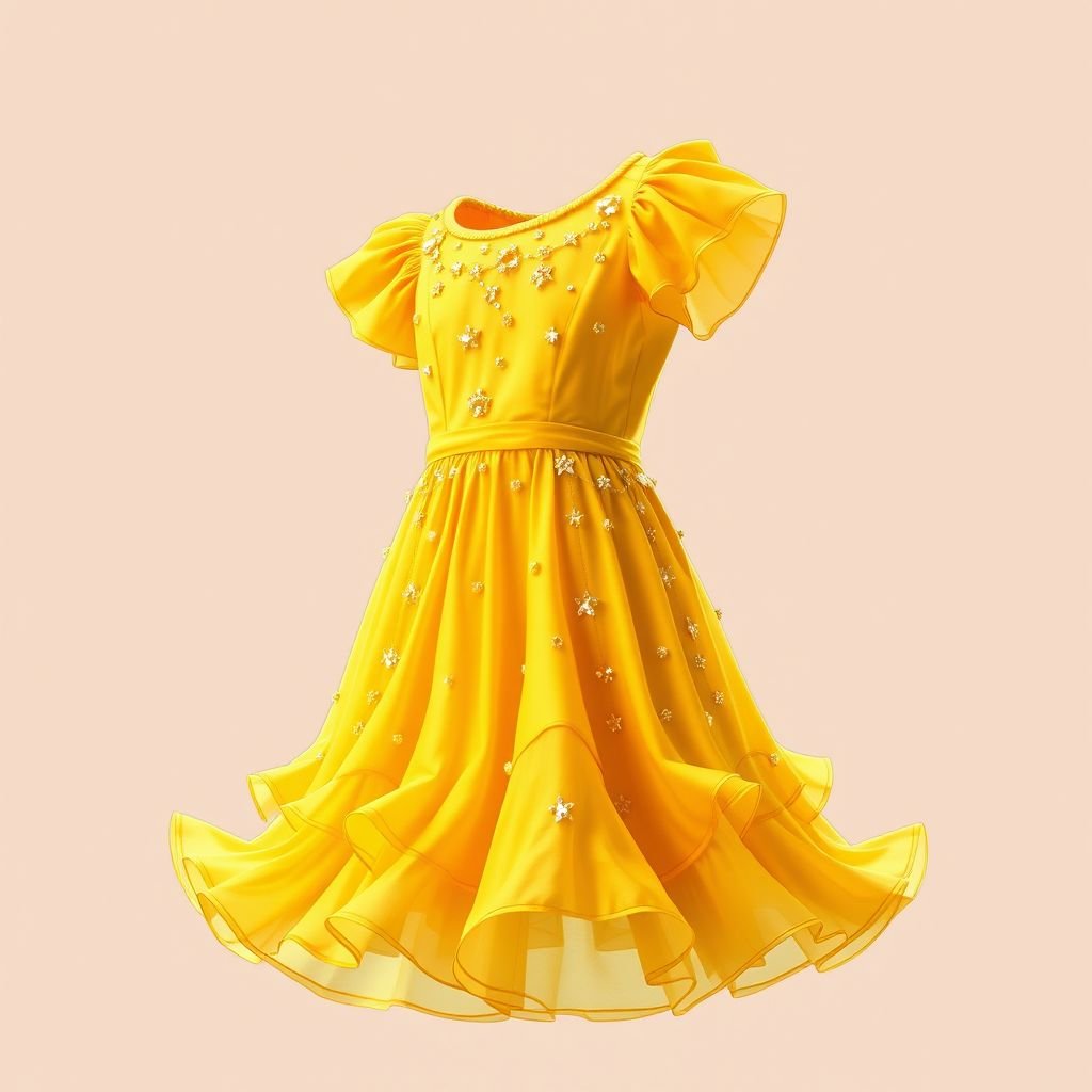 Short sleeve dress with short gathering ruffles in color, gold yellow design with crystal beads
Envision a stunning short sleeve dress adorned with delicate, cascading ruffles that flutter playfully around the hemline. The vivid gold yellow fabric exudes warmth and radiance, while intricate crystal beads glisten like stars, adding a touch of whimsy. This enchanting design embodies a fusion of elegance and youthful charm, perfect for summer soirées.