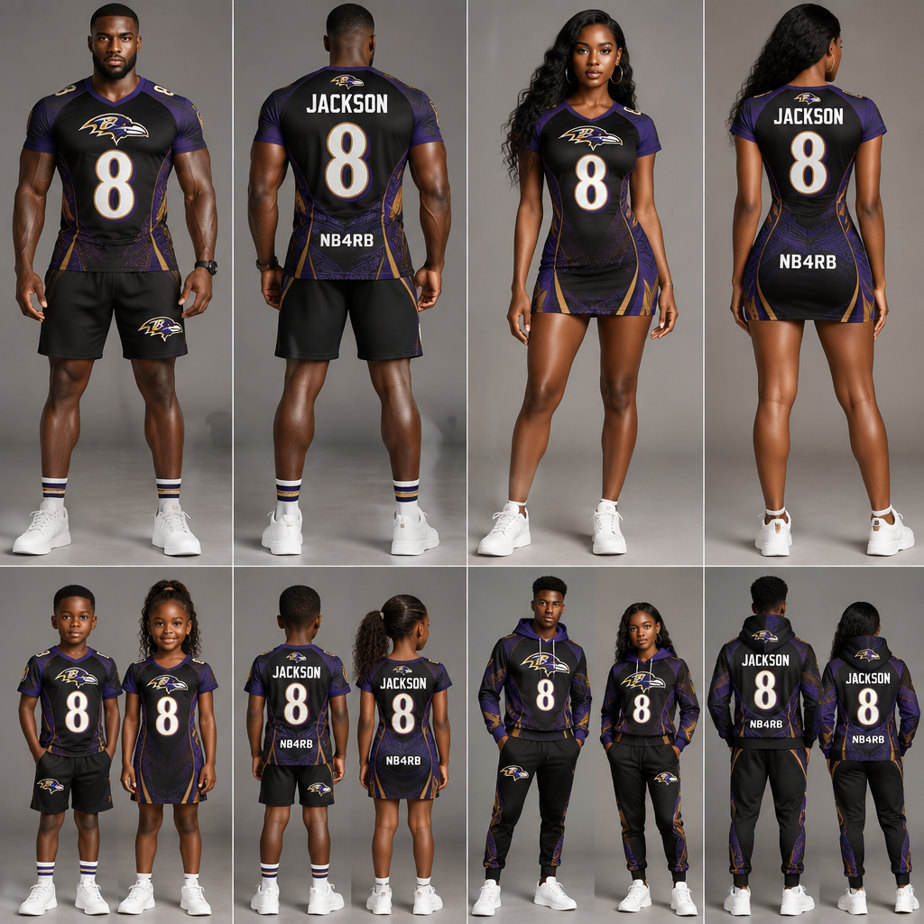 I want to design tbe American football team Baltimore Ravens tight fitting shirt with a jersey no 8 back and front and on top at the back it should have the name JACKSON and at the bottom it should be written NB4RB this should be for males ,and tight fitting short summer dress for females and kids as well as unisex design. South Africa fashion aesthetics. Present it as professional fashion catalogue photography: the garment is the subject, shown full-length with editorial styling, neutral posing and tasteful, non-suggestive framing.
photorealistic fashion design, I want to design tbe American football team Baltimore Ravens tight fitting shirt with a jersey no 8 back and front and on top at the back it should have the name JACKSON and at the bottom it should be written NB4RB this should be for males ,and tight fitting short summer dress for females and kids as well as unisex design. South Africa fashion aesthetics. Present it as professional fashion catalogue photography: the garment is the subject, shown full-length with editorial styling, neutral posing and tasteful, non-suggestive framing., just the design no text
