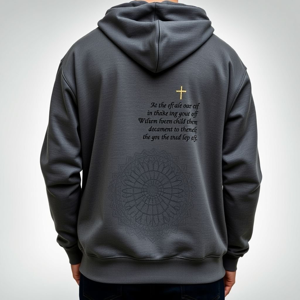 A Zip up hoodie with a cross on the left hand side in the front of the hoodie. “The LORD said unto my Lord, Sit thou at my right hand, until I make thine enemies thy footstool.” Psalms 110:1 on the back in a design.
Imagine an oversized zip-up hoodie crafted from premium, organic cotton in a muted charcoal gray, exuding a relaxed yet reverent vibe. The left chest features a minimalist, embroidered cross adorned with subtle gold thread. The back showcases Psalms 110:1 in an ornate, calligraphic font, framed by an intricate mandala design, melding spirituality with streetwear aesthetics.