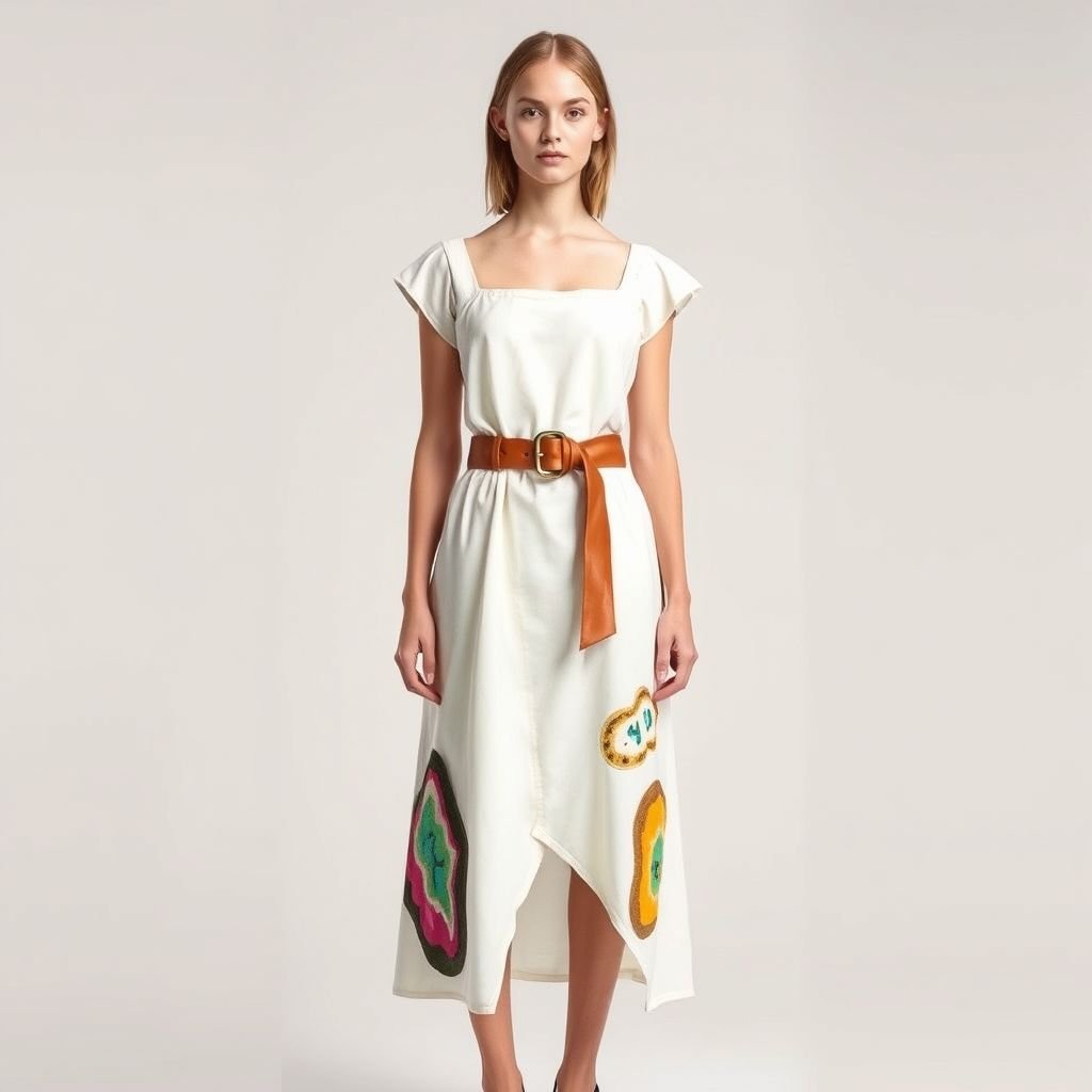 A white dress medium lond with a squared neck and with long cap sleeves
Design a medium-length white dress with a squared neck and long cap sleeves, channeling Gen Z aesthetics. Incorporate playful cutouts and asymmetrical elements for a modern twist. Add a chunky belt for shape and mix textures, featuring eco-friendly fabrics adorned with quirky, colorful patches to reflect individuality and sustainability.