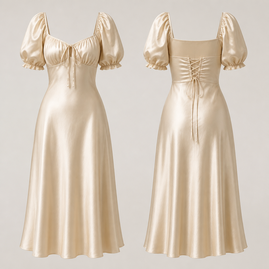 A Female Dress design, made of Satin, for Casual, suitable for Summer, in Casual + Cottagecore style
photorealistic fashion design, A Female Dress design, made of Satin, for Casual, suitable for Summer, in Casual + Cottagecore style, casual style, just the design no text