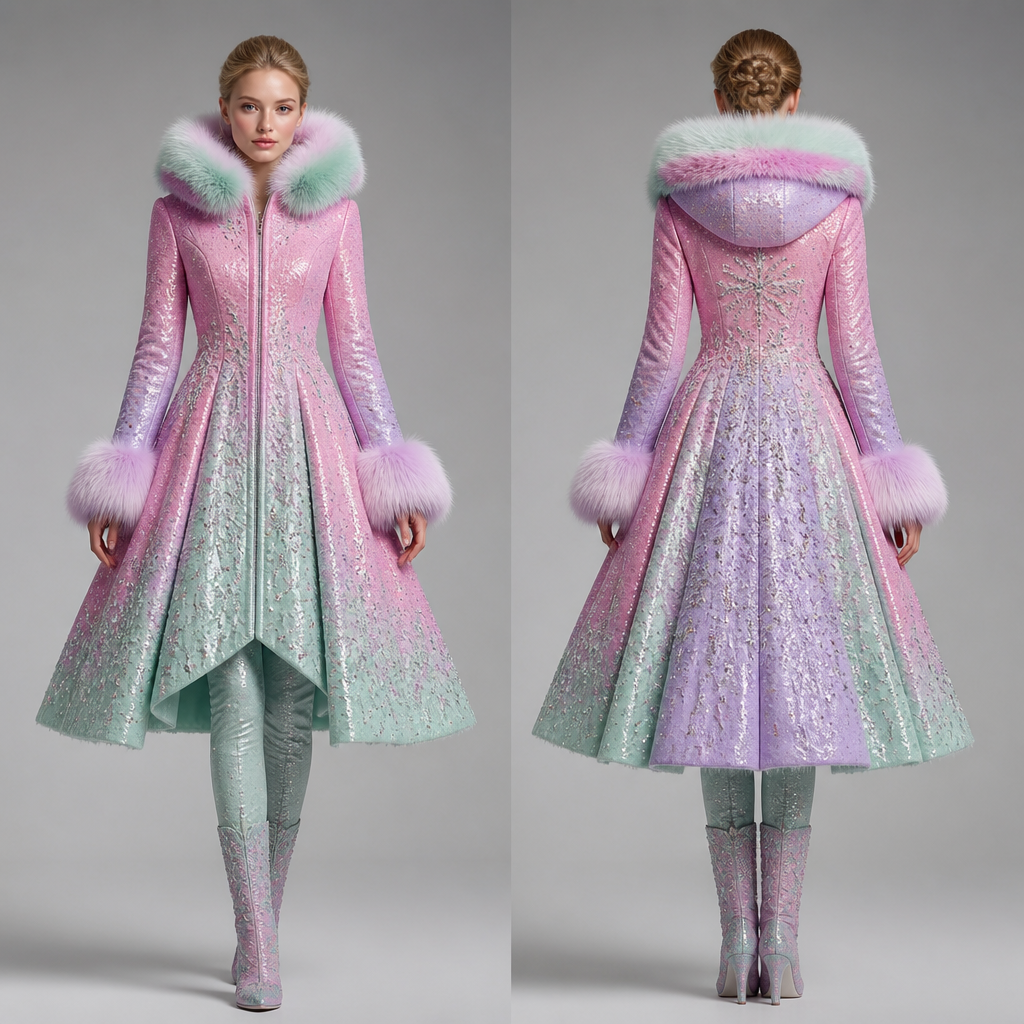 Sparkly pink and lilac with mint green
photorealistic fashion design, Sparkly pink and lilac with mint green, winter style, just the design no text, show front and back