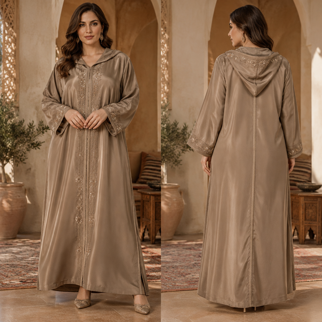 A Djellaba design, made of Silk, with a soft, cosy hand, with a Relaxed silhouette, with modest, full coverage: longer hemlines, higher necklines and covered shoulders, in an Earth Tones color palette, for Casual, suitable for Spring, suited to a Temperate climate, in Glamorous + Bohemian style, shown on a model with light skin and a curvy figure. Algeria fashion aesthetics. Present it as professional fashion catalogue photography: the garment is the subject, shown full-length with editorial styling, neutral posing and tasteful, non-suggestive framing.
photorealistic fashion design, A Djellaba design, made of Silk, with a soft, cosy hand, with a Relaxed silhouette, with modest, full coverage: longer hemlines, higher necklines and covered shoulders, in an Earth Tones color palette, for Casual, suitable for Spring, suited to a Temperate climate, in Glamorous + Bohemian style, shown on a model with light skin and a curvy figure. Algeria fashion aesthetics. Present it as professional fashion catalogue photography: the garment is the subject, shown full-length with editorial styling, neutral posing and tasteful, non-suggestive framing., glamorous style, just the design no text, show front and back