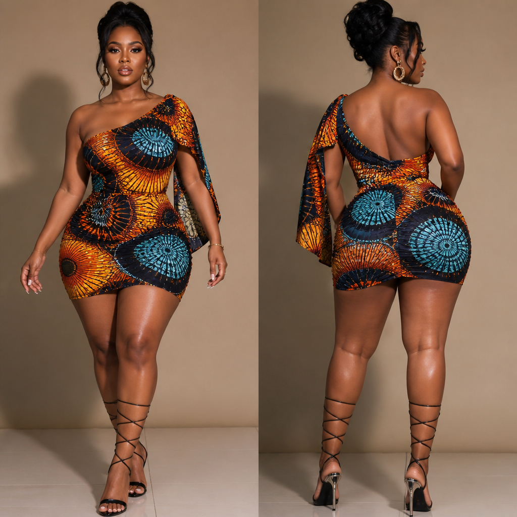 create image for creative sexy trendy design for One Shoulder Afro Print Dress
mini bodycon
nightlife party night clubwear
front and back
african curvy model. Egypt fashion aesthetics.
photorealistic fashion design, create image for creative sexy trendy design for One Shoulder Afro Print Dress
mini bodycon
nightlife party night clubwear
front and back
african curvy model. Egypt fashion aesthetics., just the design no text