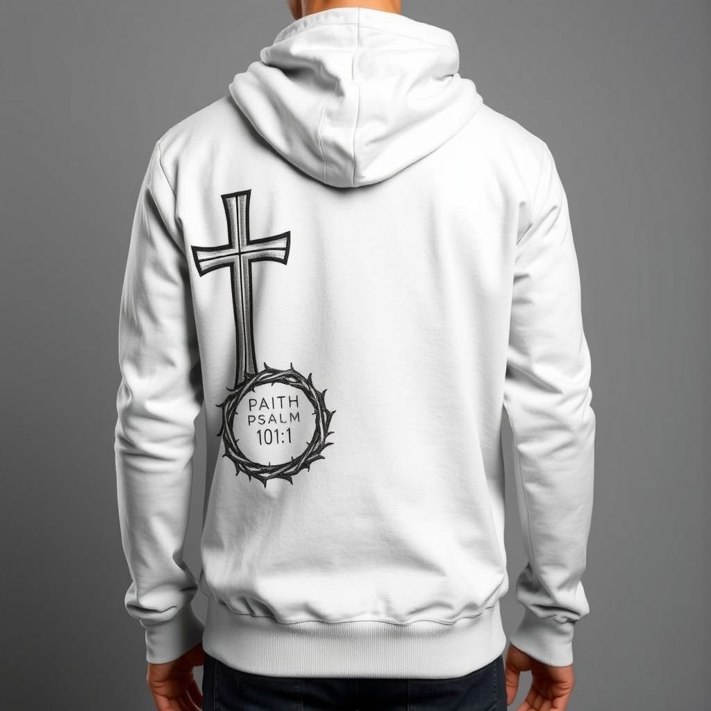 Zip up hoodie with a cross on the left hand side in the front of the hoodie and the crown of thorns on the bottom of the hoodie. “The LORD said unto my Lord, Sit thou at my right hand, until I make thine enemies thy footstool.” Psalms 110:1.
Envision a modern streetwear zip-up hoodie, crafted from soft, breathable fabric. The left side features a bold, embroidered cross, symbolizing faith, while the hem is adorned with an intricate crown of thorns, blending spirituality with edgy aesthetics. The back bears a subtle, stylized text of Psalm 110:1, merging fashion with profound meaning.