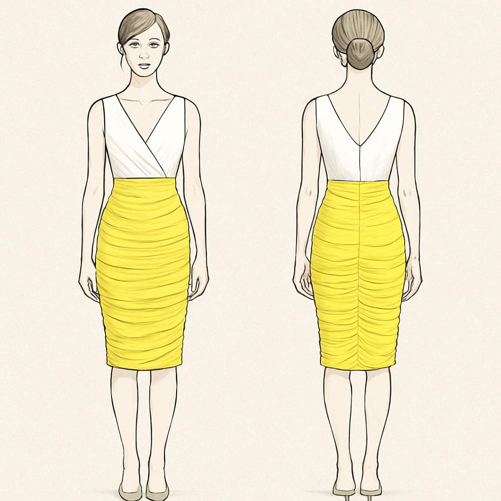 Create a lemon yellow ruched bottom half and white top half dress with a v neck
Create a lemon yellow ruched bottom half and white top half dress with a v neck , show front and back