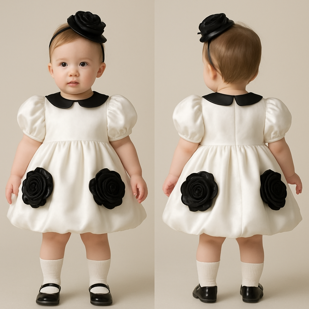 一歳の女の子着用画
白のサテンドレス、襟は丸くて黒、バルーンスカートで丈は膝上
パフスリーブ(ボリュームあり)
サテンの黒の大きなバラをスカート部分の前側と後ろ側に均等に3つずつ、バランスよくつけて
頭には黒のカクテルハット、同じバラを小さめで着けて
白い靴下に黒いパンプス
一歳の女の子着用画
白のサテンドレス、襟は丸くて黒、バルーンスカートで丈は膝上
パフスリーブ(ボリュームあり)
サテンの黒の大きなバラをスカート部分の前側と後ろ側に均等に3つずつ、バランスよくつけて
頭には黒のカクテルハット、同じバラを小さめで着けて
白い靴下に黒いパンプス
, show front and back