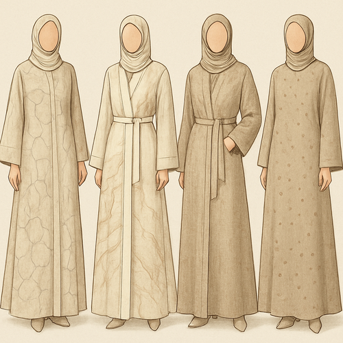Create a modest two-piece linen abaya, the first of its kind, featuring a unique stone design that exudes a classy and sophisticated vibe. I’d like four designs, each showcasing different styles and fabrics. Incorporate high-end, unique chic stone designs to make them truly special. Add little sophisticated stone designs.