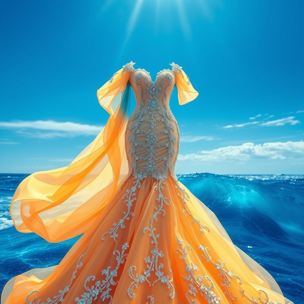 Create a gown inspired by sea waves, blue sky and sunshine. Add crystal embroidery and an ethereal look to the vision of a dress with architectural details and some structure, color should be gradients of blue and tinge of orange
Design an exquisite haute couture gown that embodies the essence of sea waves, a blue sky, and radiant sunshine. Incorporate fluid, wave-like silhouettes with structured architectural elements. Adorn the dress with shimmering crystal embroidery, capturing sunlight's sparkle. Use rich, gradient blues blending into soft oranges for a mesmerizing, ethereal effect.