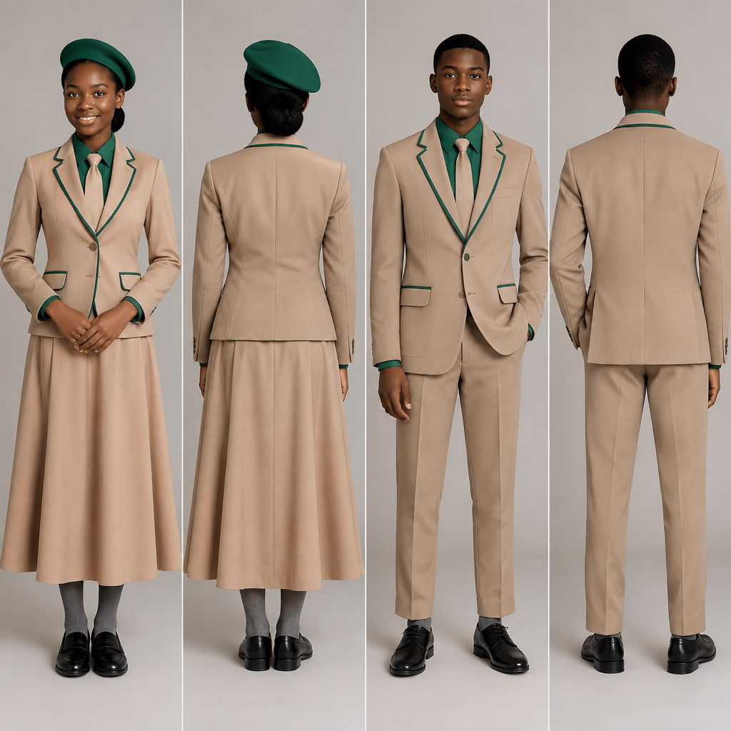 photorealistic fashion design, photorealistic fashion design, photorealistic fashion design, photorealistic fashion design, Design a light brown blazer with green accents for both male and female. Light brown arms .No writings on the blazer . Use black teenagers as models. show back and front face.
A fit and flare dress top half green and bottom half light brown,covering chest area,almost reaching ankles. Green barrett, light brown tie and grey socks for the female.
A light brown relaxed trouser reaching ankles. Green shirt,light brown tie and grey socks for the male.
Nice black school shoes for both. Both must be wearing blazer.. Design with modest coverage. Present it as professional fashion catalogue photography: the garment is the subject, shown full-length with editorial styling, neutral posing and tasteful, non-suggestive framing., just the design no text, show front and back. Refinement: bit more accents , just the design no text. Refinement: not on the dress , just the design no text. Refinement: no green accents on bottom half of dress
Use previous brown, just the design no text. Refinement: LIGHT BROWN
photorealistic fashion design, photorealistic fashion design, photorealistic fashion design, photorealistic fashion design, photorealistic fashion design, Design a light brown blazer with green accents for both male and female. Light brown arms .No writings on the blazer . Use black teenagers as models. show back and front face.
A fit and flare dress top half green and bottom half light brown,covering chest area,almost reaching ankles. Green barrett, light brown tie and grey socks for the female.
A light brown relaxed trouser reaching ankles. Green shirt,light brown tie and grey socks for the male.
Nice black school shoes for both. Both must be wearing blazer.. Design with modest coverage. Present it as professional fashion catalogue photography: the garment is the subject, shown full-length with editorial styling, neutral posing and tasteful, non-suggestive framing., just the design no text, show front and back. Refinement: bit more accents , just the design no text. Refinement: not on the dress , just the design no text. Refinement: no green accents on bottom half of dress
Use previous brown, just the design no text. Refinement: LIGHT BROWN , just the design no text