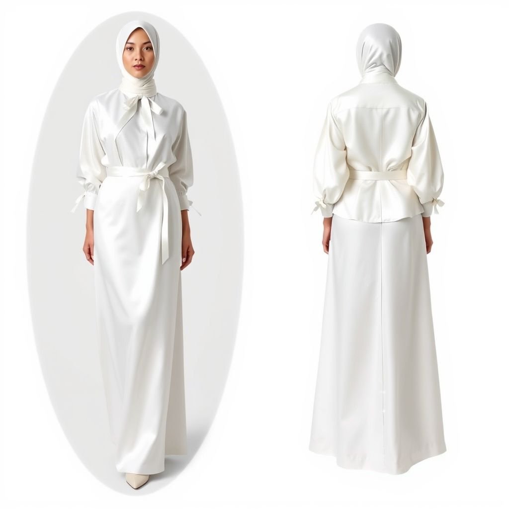 A modest and elegant white satin dress, designed to look like two separate pieces (a blouse and a skirt) but actually made as one. The top part resembles a blouse with a round, high neckline and long sleeves. The sleeves are slightly puffed at the shoulders, but not exaggerated, and are tied at the wrists with soft ribbon bows (ð). The blouse appears tucked into the skirt but is seamlessly attached. The bottom part looks like a long, straight-cut satin skirt, slightly flared at the hem, with no slit or decorations. The whole dress is simple, flowing, and perfectly suitable for a hijabi woman â elegant without being tight or revealing. No embroidery, no sparkle, no back train. Just soft, smooth satin and a graceful silhouette.
Create a modest and elegant fashion piece: envision a white satin dress that combines elements of sophistication and comfort. The top mimics a classic blouse with a high neckline and subtly puffed sleeves tied with delicate ribbon bows. The seamless hybrid flows into a straight-cut skirt, gently flaring at the hem. Perfectly tailored for a hijabi woman, it embodies grace, simplicity, and timelessness without embellishment or ostentationâjust the pure elegance of smooth satin. Add a touch of refinement with a matching satin belt to cinch the waist, creating a flattering silhouette while maintaining modesty.