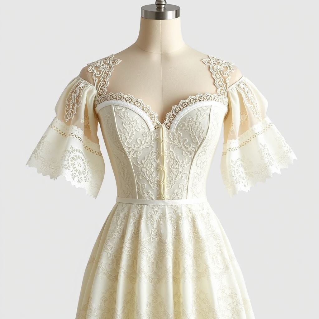 White lace dress with sleeves, neck and exposed shoulders
Design a vintage-inspired white lace dress featuring delicate, billowy sleeves that cascade elegantly to the wrists. The neckline showcases a sweetheart cut, emphasizing exposed shoulders adorned with intricate lace detailing. Incorporate a fitted waist and a flowing, tea-length skirt that captures the timeless charm of classic vintage fashion, exuding romance and nostalgia.