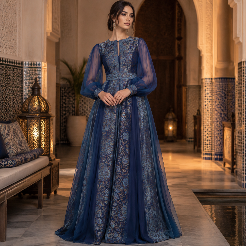 A Female Dress design, suitable for Fall, in Elegant style. فستان من الجاكار الأزرق و التل. Morocco fashion aesthetics. Present it as professional fashion catalogue photography: the garment is the subject, shown full-length with editorial styling, neutral posing and tasteful, non-suggestive framing.
photorealistic fashion design, A Female Dress design, suitable for Fall, in Elegant style. فستان من الجاكار الأزرق و التل. Morocco fashion aesthetics. Present it as professional fashion catalogue photography: the garment is the subject, shown full-length with editorial styling, neutral posing and tasteful, non-suggestive framing., elegant style, just the design no text