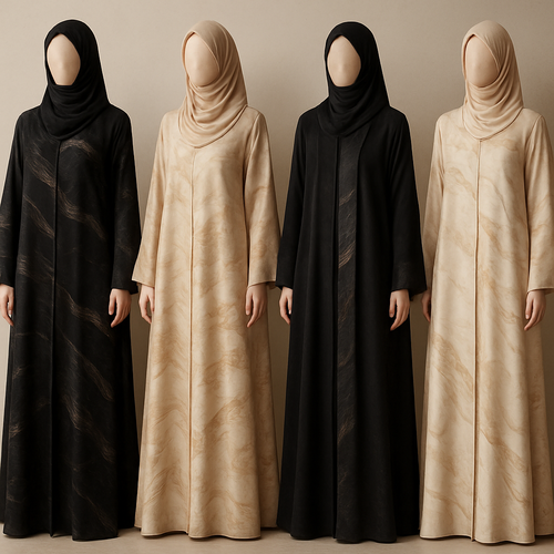 Create a modest abaya that’s the first of its kind, featuring a unique stone design that exudes a classy and sophisticated vibe. I’d like four designs, each showcasing different styles and fabrics. Incorporate high-end, unique chic stone designs to make them truly special.