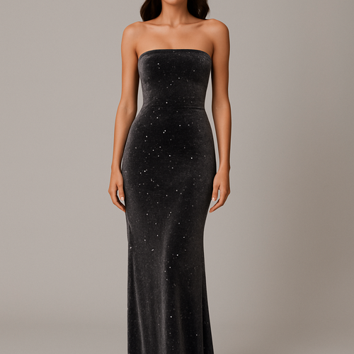 Velvet maxi dress charcoal colour with sporadic sequins
Bandeau and fitted