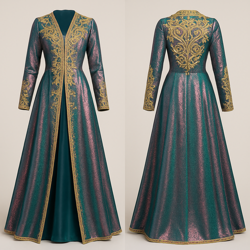 Create a takshita in petrol/pink lamé fabric that shimmers. Sfifa and zwaq maalam should be gold. Sleeves should be long. Sleeves also should have zwaq maalam. 
The under dress should be showing in petrol satin fabric. The zwaq maalam design should be fuller in de upper side (chest)