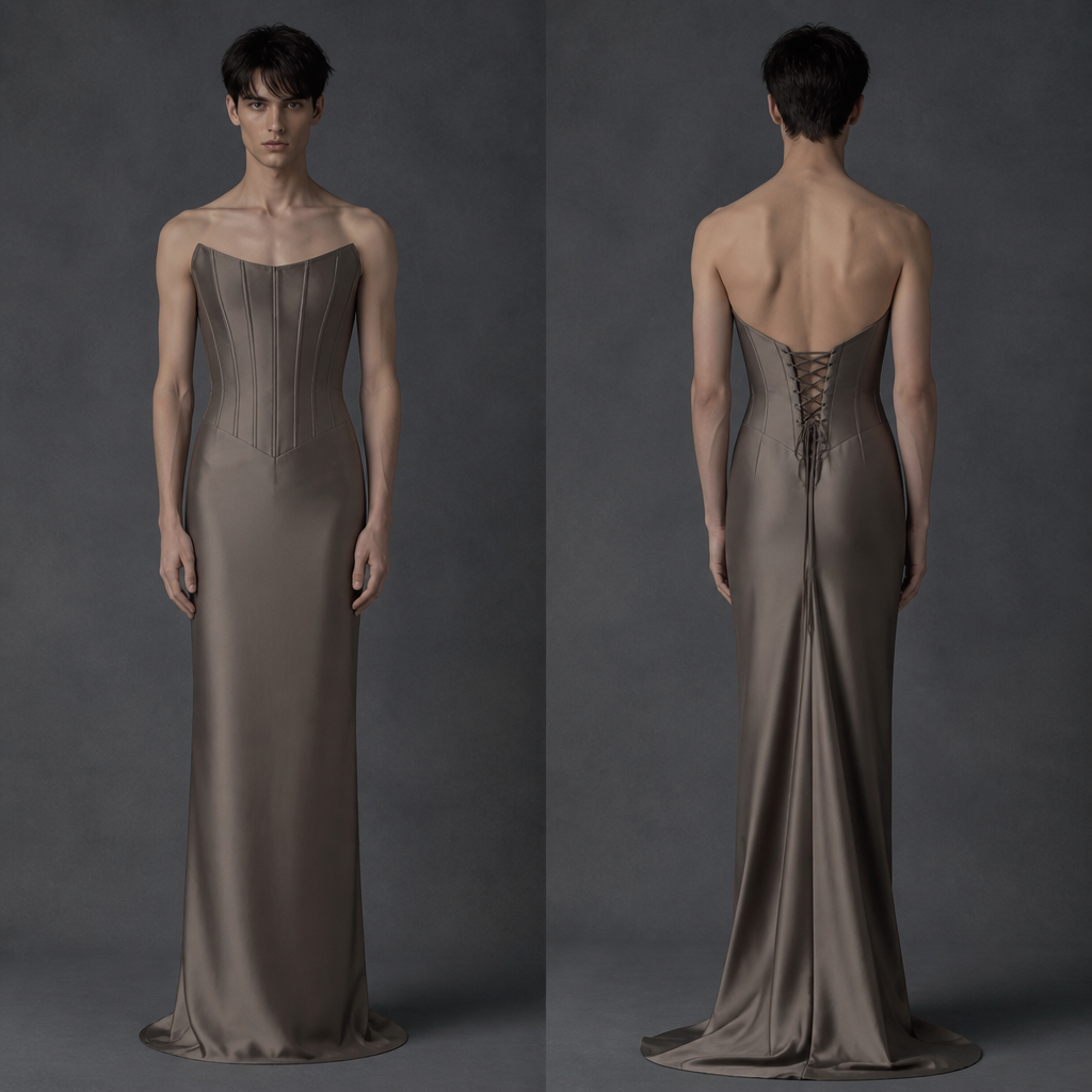 A Male Dress design, made of Satin, with a crisp, structured drape, with a Bodycon silhouette, in a Muted & Dusty color palette, for Date Night, suitable for Summer, in Elegant + Gothic + Health Goth style, shown on a model with fair skin and a slim figure. Корсетное, не пышное платье, длинное, без лишних деталей. Russia fashion aesthetics. Present it as professional fashion catalogue photography: the garment is the subject, shown full-length with editorial styling, neutral posing and tasteful, non-suggestive framing.
photorealistic fashion design, A Male Dress design, made of Satin, with a crisp, structured drape, with a Bodycon silhouette, in a Muted & Dusty color palette, for Date Night, suitable for Summer, in Elegant + Gothic + Health Goth style, shown on a model with fair skin and a slim figure. Корсетное, не пышное платье, длинное, без лишних деталей. Russia fashion aesthetics. Present it as professional fashion catalogue photography: the garment is the subject, shown full-length with editorial styling, neutral posing and tasteful, non-suggestive framing., elegant style, just the design no text, show front and back