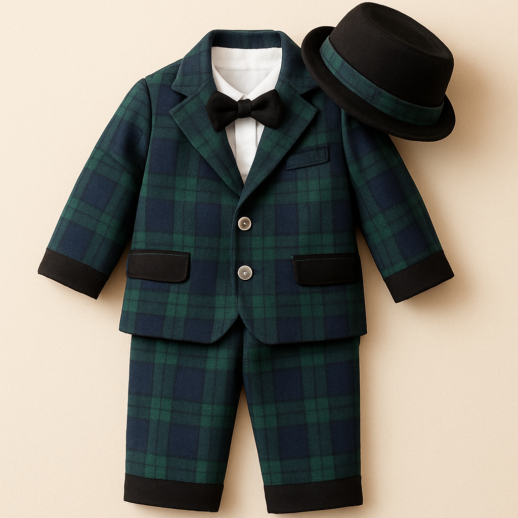 Baby suits of boy one-year-old
チェック模様、緑と紺上下セットアップ
ポケットを黒に
裾口と袖口を数センチ黒色に
スーツのボタンは二つで模様なしのシルバー
（光沢あり）
スーツの下のワイシャツは白
蝶ネクタイは黒
黒のハット、ハットのリボンの部分にスーツと同じチェック模様のベルトを巻いて

Baby suits of boy one-year-old
チェック模様、緑と紺上下セットアップ
ポケットを黒に
裾口と袖口を数センチ黒色に
スーツのボタンは二つで模様なしのシルバー
（光沢あり）
スーツの下のワイシャツは白
蝶ネクタイは黒
黒のハット、ハットのリボンの部分にスーツと同じチェック模様のベルトを巻いて