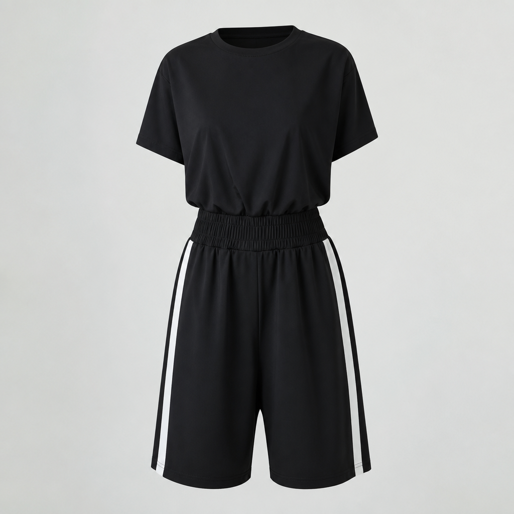 A Female Jumpsuit design. Eine One Sizer. Ein schwarzes Tshirt und eine Schwarze hose die durch einen bund verbunden sind und nicht getrennt werden können. Sie haben zwei weiße streifen an der seite. Die Hose ist kurz. Es ist kurz, kurze ärmel, kurze beine.. Japan fashion aesthetics.
photorealistic fashion design, A Female Jumpsuit design. Eine One Sizer. Ein schwarzes Tshirt und eine Schwarze hose die durch einen bund verbunden sind und nicht getrennt werden können. Sie haben zwei weiße streifen an der seite. Die Hose ist kurz. Es ist kurz, kurze ärmel, kurze beine.. Japan fashion aesthetics., just the design no text