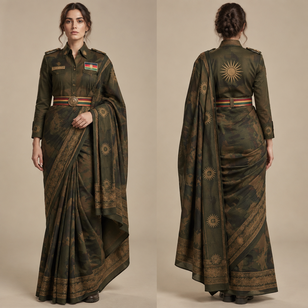 A Female Saree design, made of Cotton, with a rich, textured surface, with modest, full coverage: longer hemlines, higher necklines and covered shoulders, in an Earth Tones color palette, in Traditional + Middle Eastern + Cultural style, shown on a model with light skin and an athletic build. i want a milliarity clothing with an dark green and dark brown and change its stars to a little small sunes and the logo is a sun to the logo of the cuntry with kurdistan flage which is a red line on upp and then a white line with a sun on it and a green line in the bottom on its chest on the left poket and on the right the soliders name and whith a belt in red and yellow and green color. IQ fashion aesthetics. Present it as professional fashion catalogue photography: the garment is the subject, shown full-length with editorial styling, neutral posing and tasteful, non-suggestive framing.
photorealistic fashion design, A Female Saree design, made of Cotton, with a rich, textured surface, with modest, full coverage: longer hemlines, higher necklines and covered shoulders, in an Earth Tones color palette, in Traditional + Middle Eastern + Cultural style, shown on a model with light skin and an athletic build. i want a milliarity clothing with an dark green and dark brown and change its stars to a little small sunes and the logo is a sun to the logo of the cuntry with kurdistan flage which is a red line on upp and then a white line with a sun on it and a green line in the bottom on its chest on the left poket and on the right the soliders name and whith a belt in red and yellow and green color. IQ fashion aesthetics. Present it as professional fashion catalogue photography: the garment is the subject, shown full-length with editorial styling, neutral posing and tasteful, non-suggestive framing., traditional style, just the design no text, show front and back