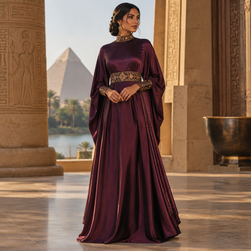 A Female Dress design, made of Silk, with a sleek, smooth finish, with modest, full coverage: longer hemlines, higher necklines and covered shoulders, in a Jewel Tones color palette, suitable for Fall, in Glamorous style, shown on a model with medium skin tone. Egypt fashion aesthetics. Present it as professional fashion catalogue photography: the garment is the subject, shown full-length with editorial styling, neutral posing and tasteful, non-suggestive framing.
photorealistic fashion design, A Female Dress design, made of Silk, with a sleek, smooth finish, with modest, full coverage: longer hemlines, higher necklines and covered shoulders, in a Jewel Tones color palette, suitable for Fall, in Glamorous style, shown on a model with medium skin tone. Egypt fashion aesthetics. Present it as professional fashion catalogue photography: the garment is the subject, shown full-length with editorial styling, neutral posing and tasteful, non-suggestive framing., glamorous style, just the design no text