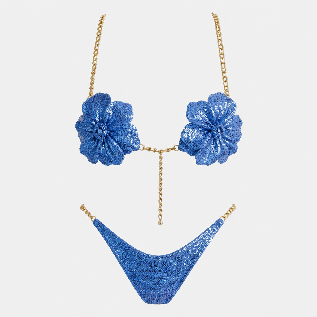 A Female Dress design, suitable for Summer, in Glamorous style. like in the drawing i want a flower bikini top connected by a gold chain and the straps also a gold chain and the bottom the same color as the top blue but with sequins on the whole thing. Canada fashion aesthetics.
photorealistic fashion design, A Female Dress design, suitable for Summer, in Glamorous style. like in the drawing i want a flower bikini top connected by a gold chain and the straps also a gold chain and the bottom the same color as the top blue but with sequins on the whole thing. Canada fashion aesthetics., glamorous style, just the design no text