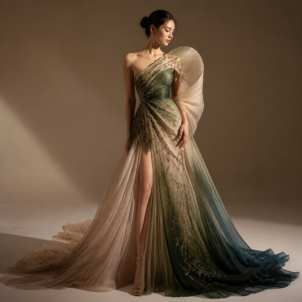 Design a one-of-a-kind couture evening gown featuring an original asymmetrical silhouette, sculptural draping, handcrafted embroidery inspired by nature and geometry, flowing premium fabric, and an elegant color gradient. The design must be entirely original, with no resemblance to any existing fashion house or designer collection. Showcase intricate craftsmanship, unique construction techniques, and a refined luxury aesthetic in a high-end fashion editorial photoshoot.”
photorealistic fashion design, Design a one-of-a-kind couture evening gown featuring an original asymmetrical silhouette, sculptural draping, handcrafted embroidery inspired by nature and geometry, flowing premium fabric, and an elegant color gradient. The design must be entirely original, with no resemblance to any existing fashion house or designer collection. Showcase intricate craftsmanship, unique construction techniques, and a refined luxury aesthetic in a high-end fashion editorial photoshoot.”, just the design no text